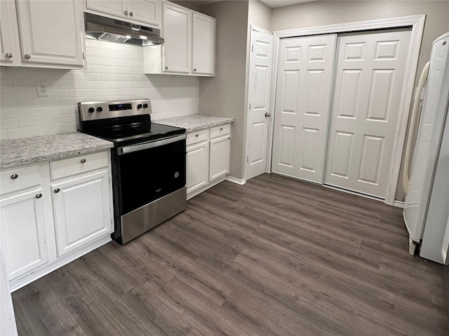 kitchen with white cabinetry, white refrigerator, dark wood-type flooring, and stainless steel range with electric cooktop