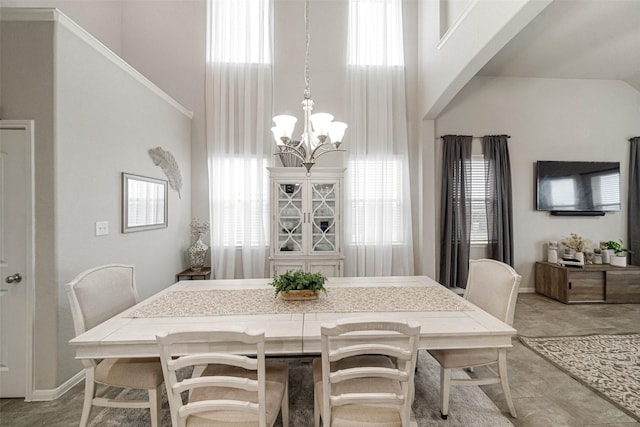 dining space with arched walkways, a notable chandelier, and a towering ceiling