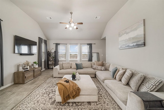 living area with visible vents, ceiling fan, and lofted ceiling