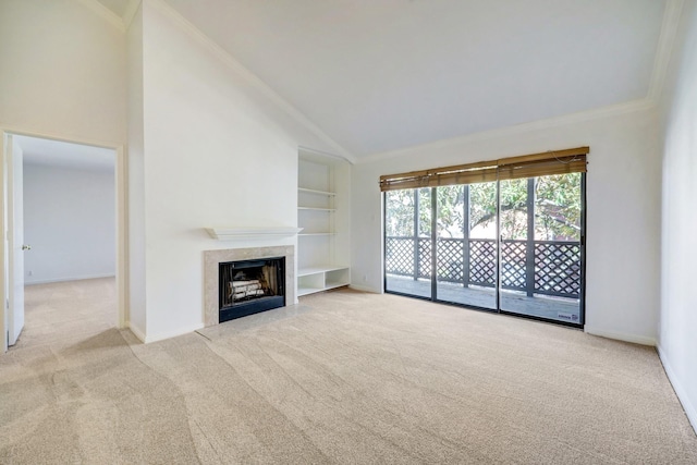 unfurnished living room with light carpet, crown molding, high vaulted ceiling, and built in shelves