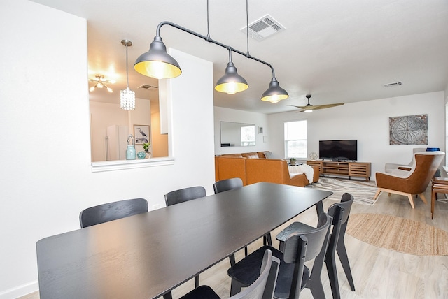 dining room with light hardwood / wood-style flooring and ceiling fan