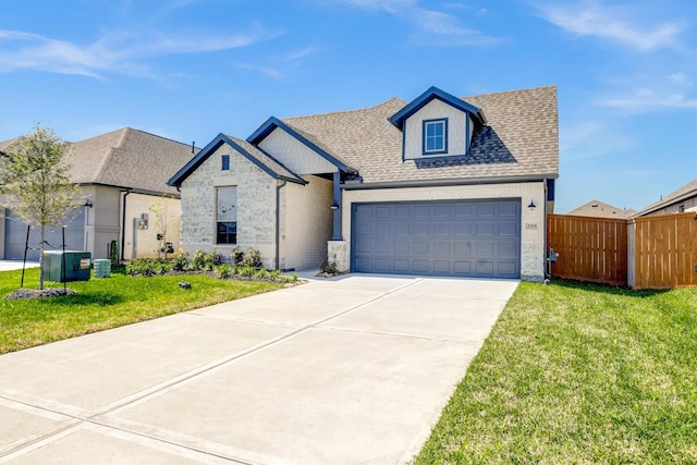 view of front of home with a front yard, fence, driveway, roof with shingles, and stone siding