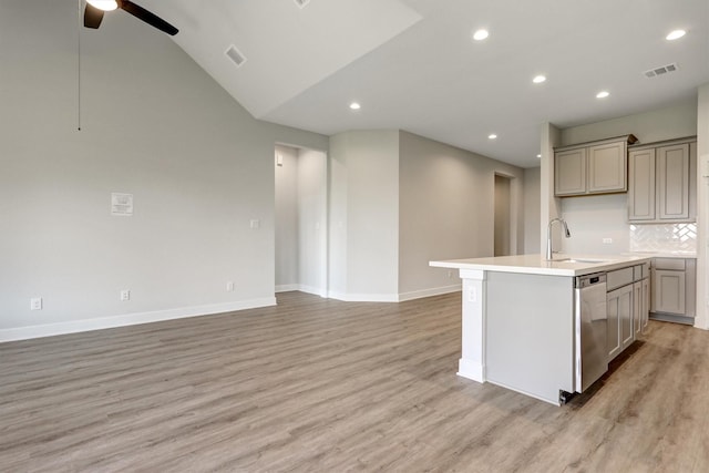 kitchen with stainless steel dishwasher, a kitchen island with sink, visible vents, and a sink