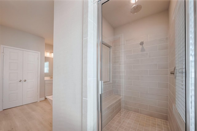 full bathroom featuring a stall shower, wood finished floors, and vanity