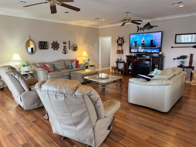 living room with crown molding, hardwood / wood-style flooring, and ceiling fan