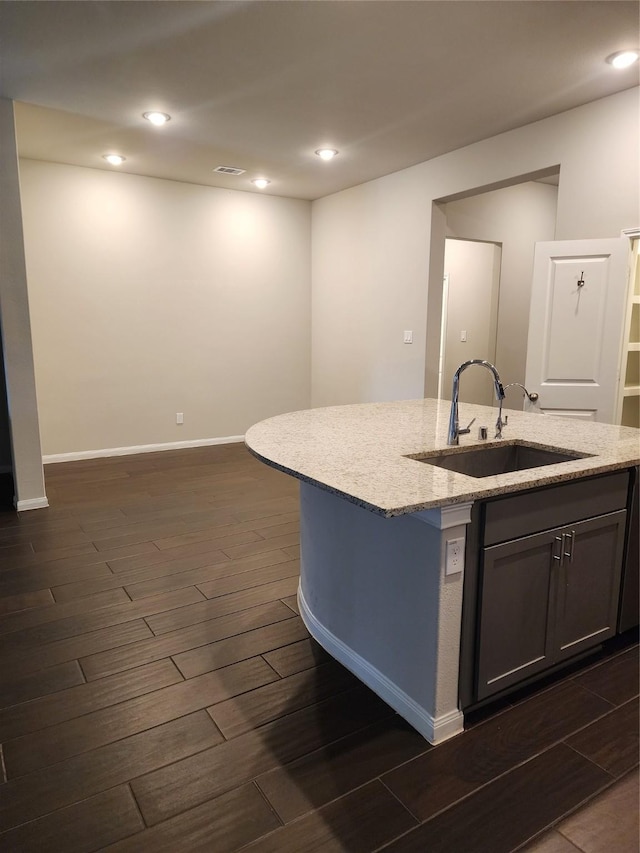 kitchen featuring dark wood-type flooring, a kitchen island with sink, sink, and light stone counters