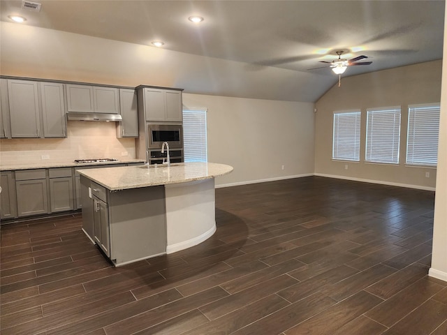 kitchen with appliances with stainless steel finishes, gray cabinets, sink, and a center island with sink