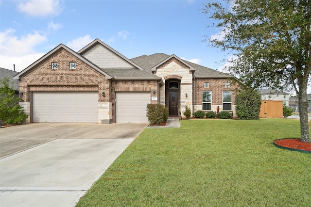 view of front of house with brick siding, a shingled roof, a front yard, a garage, and driveway