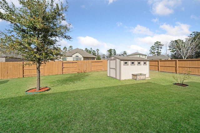 view of yard with a fenced backyard, a storage unit, and an outdoor structure