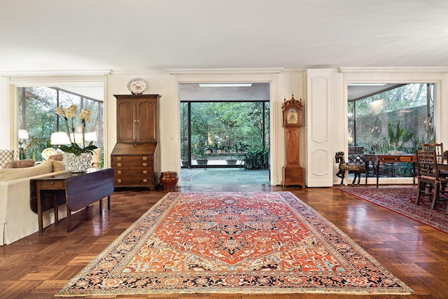 foyer entrance with dark parquet flooring, plenty of natural light, and ornamental molding