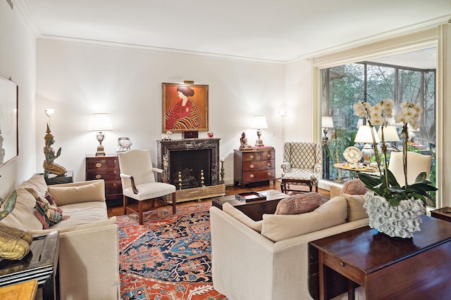 living room with crown molding and wood-type flooring