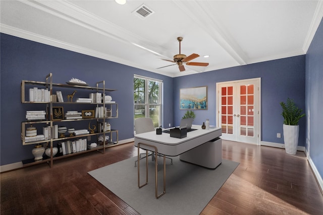 office area with crown molding, dark wood-type flooring, ceiling fan, beam ceiling, and french doors