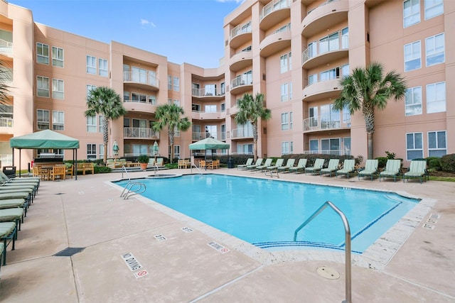 view of swimming pool with a patio