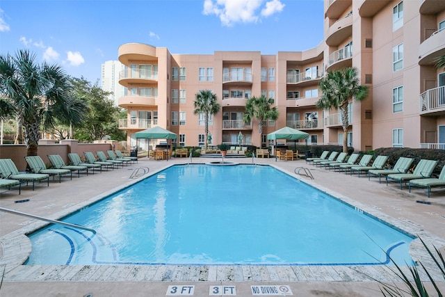 view of pool featuring a patio