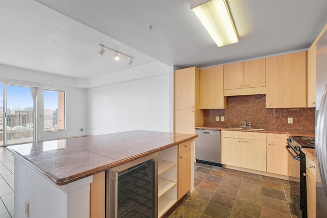 kitchen featuring dishwasher, a center island, black range with electric cooktop, beverage cooler, and light brown cabinets