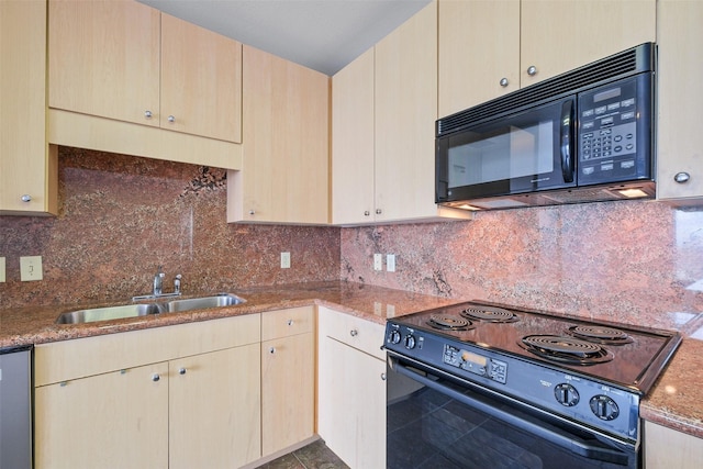 kitchen with backsplash, light brown cabinetry, sink, and black appliances