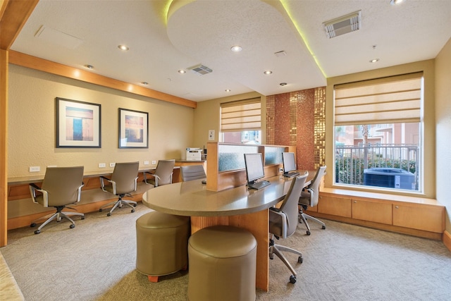 home office featuring light colored carpet and built in desk