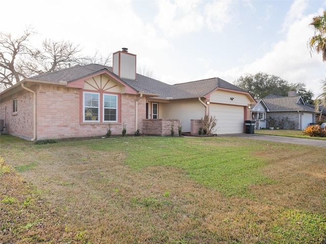 single story home featuring aphalt driveway, a front lawn, brick siding, an attached garage, and a chimney