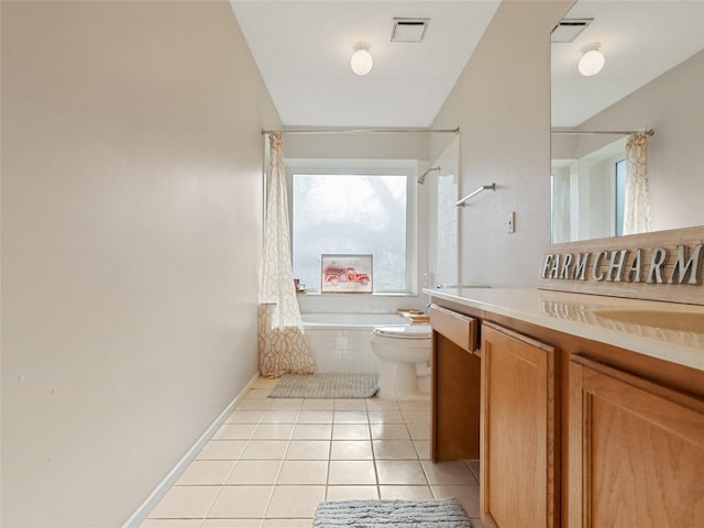 full bathroom featuring toilet, vanity, shower / bathtub combination with curtain, and tile patterned flooring