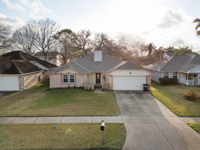 ranch-style house with a garage and a front lawn