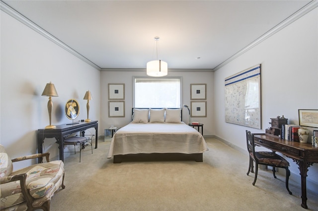 bedroom featuring baseboards, light carpet, and ornamental molding