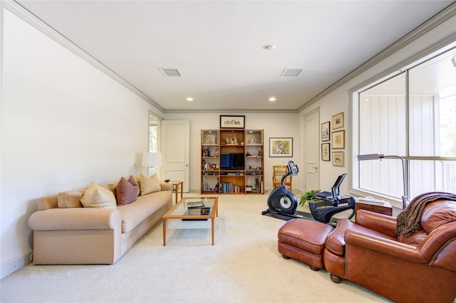 carpeted living room with baseboards, recessed lighting, visible vents, and ornamental molding