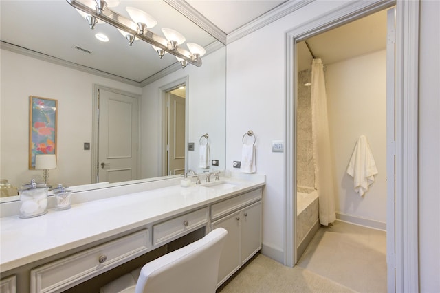 full bathroom with a notable chandelier, visible vents, vanity, and ornamental molding