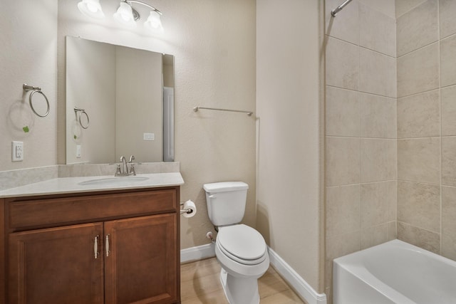 full bathroom with vanity, tiled shower / bath combo, and toilet