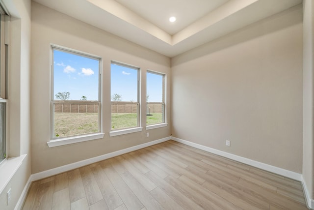 empty room featuring a tray ceiling and light hardwood / wood-style flooring