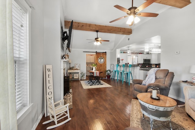 living room featuring hardwood / wood-style flooring, crown molding, ceiling fan, and lofted ceiling with beams