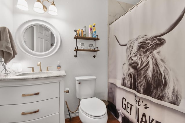 bathroom featuring vanity, toilet, and walk in shower