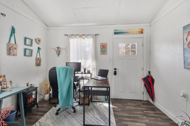 office with vaulted ceiling, dark hardwood / wood-style floors, and a wealth of natural light