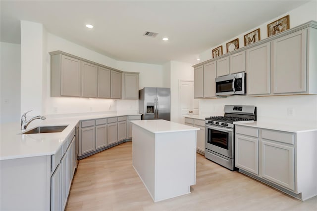 kitchen with stainless steel appliances, gray cabinets, and sink