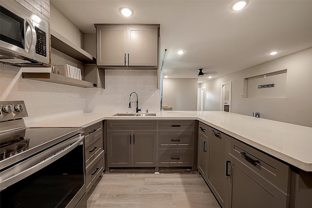 kitchen featuring sink, gray cabinetry, kitchen peninsula, stainless steel appliances, and backsplash