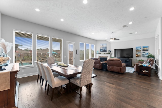 dining room featuring ceiling fan, a healthy amount of sunlight, dark hardwood / wood-style floors, and a textured ceiling