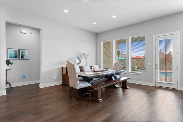 dining room featuring dark wood-type flooring and a textured ceiling