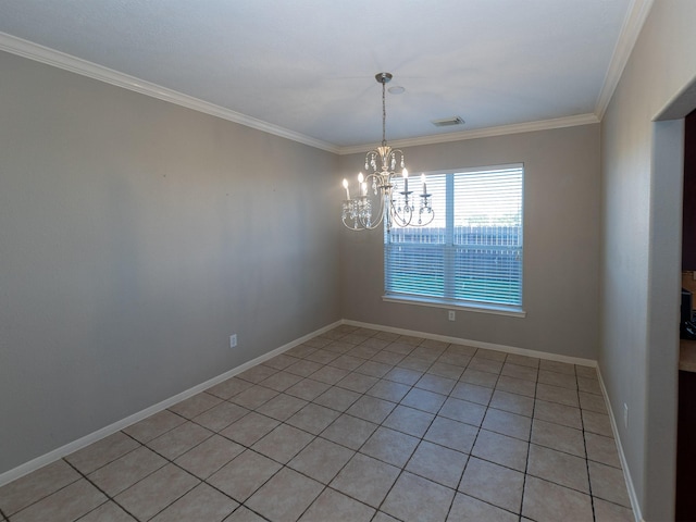 unfurnished room featuring ornamental molding and an inviting chandelier