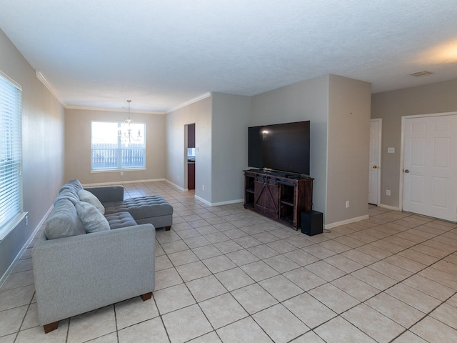 living room featuring crown molding, a chandelier, and light tile patterned floors