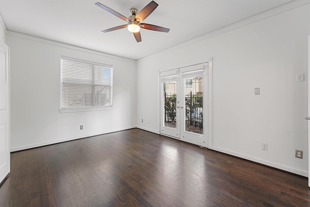 unfurnished room featuring dark wood-type flooring, ornamental molding, french doors, and ceiling fan