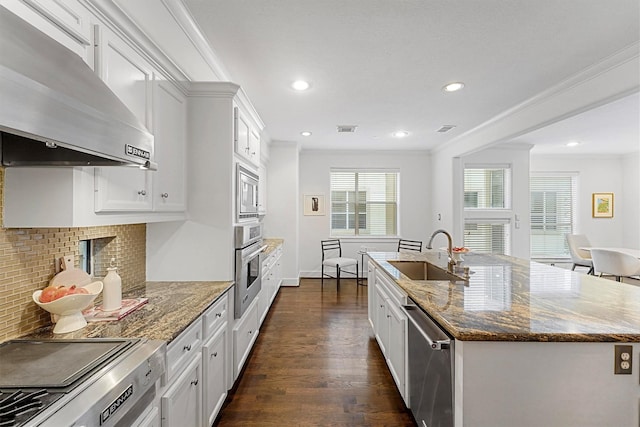 kitchen with sink, white cabinetry, stainless steel appliances, ventilation hood, and an island with sink