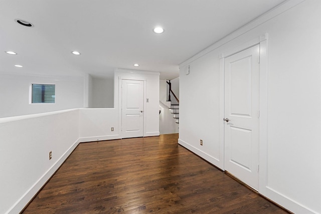 basement with dark wood-type flooring