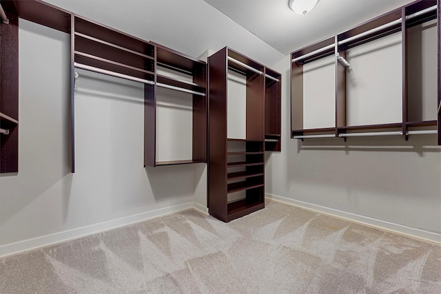 walk in closet featuring light colored carpet