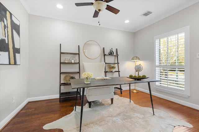 office with ceiling fan and dark hardwood / wood-style flooring