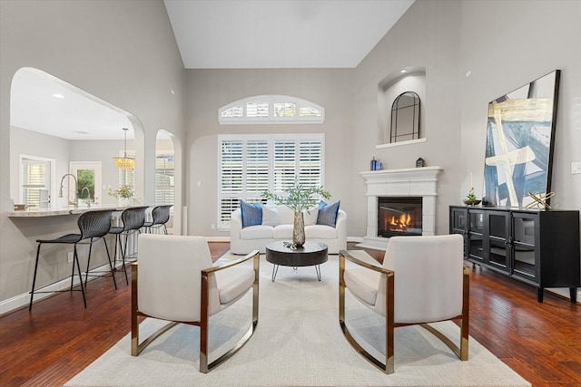 living room with a healthy amount of sunlight, dark wood-type flooring, and high vaulted ceiling