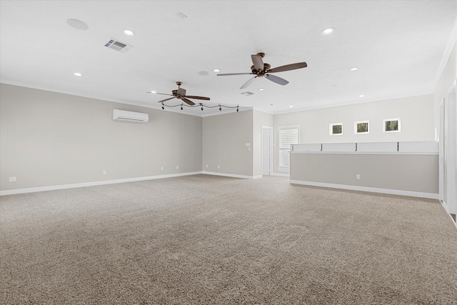 carpeted empty room with crown molding, a wall mounted AC, and ceiling fan