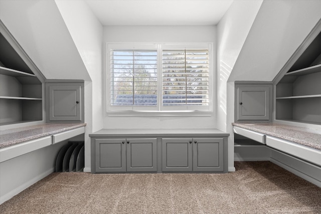 interior space featuring built in desk and light colored carpet