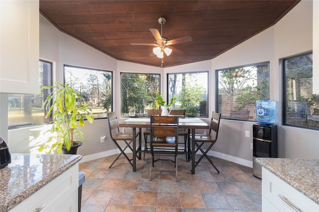 sunroom with vaulted ceiling, ceiling fan, and wood ceiling