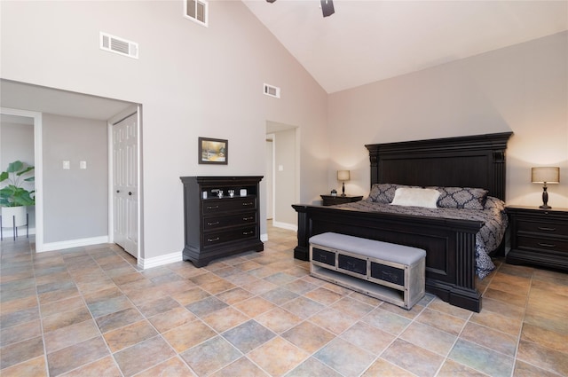 bedroom with high vaulted ceiling and ceiling fan