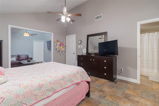 bedroom featuring lofted ceiling and ceiling fan