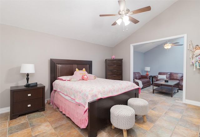 bedroom with lofted ceiling and ceiling fan